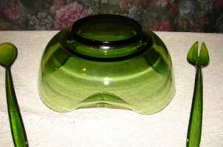 Vintage Green Indiana Glass Salad Bowl Utensils  