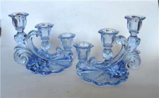 Cambridge Glass Caprice Moonlight Blue 3Lite Deco Candlesticks PR 