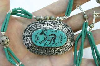 TURKOMAN ETHNIC TRIBAL DEER INTAGLIO GREEN TURQUOISE SILVER NECKLACE 