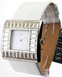 WOMENS GUESS WHITE LEATHER CRYSTAL BEZEL WATCH W11524L4 091661332272 