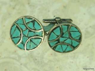   MEXICAN MEXICO TAXCO 925 STERLING SILVER TURQUOISE CUFF LINKS  