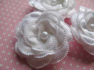 20 Satin 1.5 Ribbon Flower Pearl Appliques White RF095  