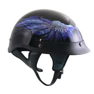  Outlaw Gloss Black with Blue Feathers Half Helmet   XL 