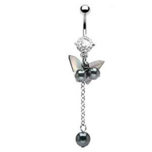  Navel ring with dangling mother of pearl butterfly and beads Jewelry