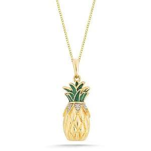  Gold Green Enamel with Diamonds Pineapple Pendant (0.02 cttw, I J 