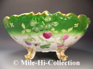 LIMOGES FRANCE HAND PAINTED PINK CLOVERS LARGE CLAW FOOTED PUNCH BOWL 
