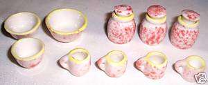 DOLL HOUSE MINIATURES RED/YELLOW TEA CUP AND BOWL SET  