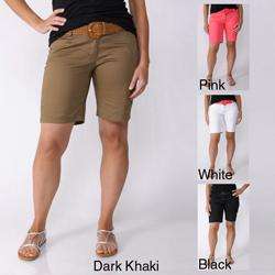 In Moda Womens Stretch Poplin Belted Shorts  