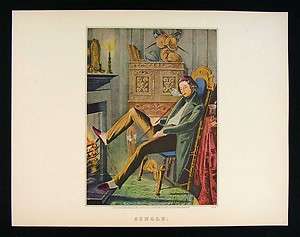 Currier and Ives Print   Single   Bachelor Smoking Long Pipe 