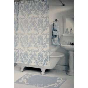 Vintage Scroll Sheer White & Blue Toile Damask Fabric Shower Curtain 
