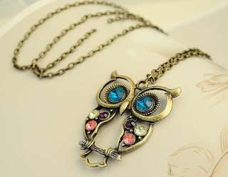   Vintage Nice Charm Crystals Owl Pendant Long Chain Woman Necklace