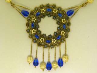   Lavalier Floral Necklace Enamel Blue Art Glass Bead Art Nouvea  