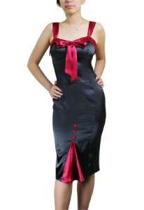 BLACK RED SATIN PINUP ROCKABILLY PENCIL DRESS 6 8 10 12 14 16 S M L XL 