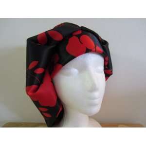  Womens Satin Bouffant Scrub Cap, Adjustable, Black & Red 