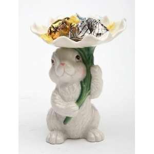  White Bunny Holding Large White Floral Shaped Candy/Candle 
