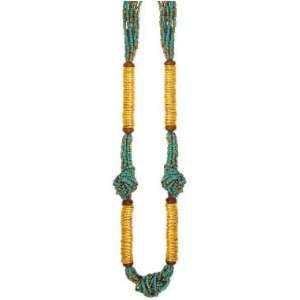 Zad Blue Seed Bead Knotted and Gold Metal Ring Fashion Necklace LONG 