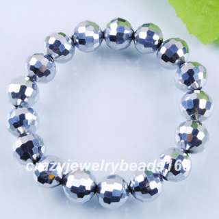 Silver Crystal Faceted Round Beads Bracelet Stretch 7 K526  