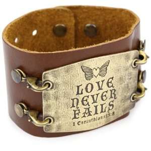   Chestnut with Brass Sentiment Love Never Fails Wide Cuff Bracelet