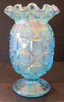 Westmoreland Old Quilt Ruffled Edge Carnival Opalescent Aqua Blue Vase 