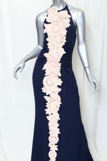   HERRERA Navy Blue+Pink Floral Applique Halter Neck Gown Long Dress 4