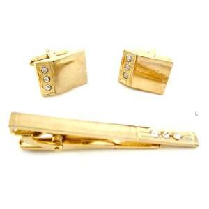 Stacy Adams Gold Three Inclined CZ Crystal Cufflinks and Tie Bar Set