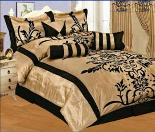 11pc TAUPE/BLACK Flocked Silk Comforter/Sheet Set QUEEN  