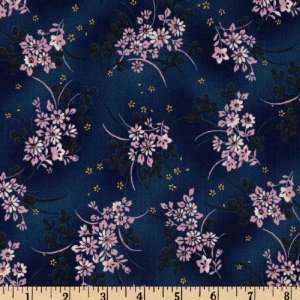 45 Wide Kiku Collection Flower Sprigs Blue Fabric By The 