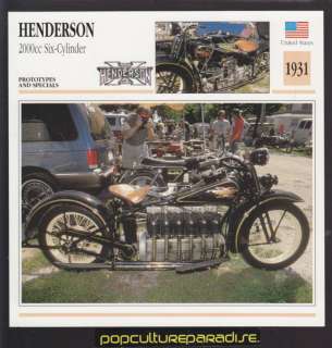 1931 HENDERSON 2000cc Six Cylinder MOTORCYCLE Fact CARD  