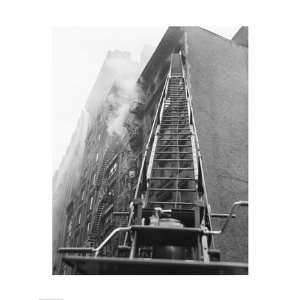  Fire engine with ladder up burning building Poster (18.00 