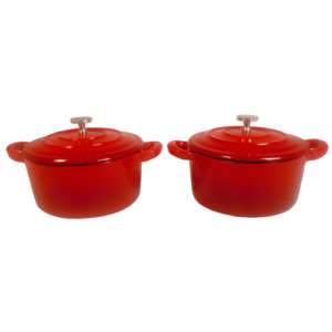 Set of 2 Enamel Cast Iron Round Mini Red Casserole Pot  