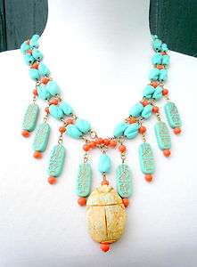 EGYPTIAN REVIVAL VINTAGE SCARAB FRINGE NECKLACE TURQUOISE & CORAL 