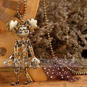 Charm Retro Bowknot Cute Crystal Golden Girl Pendent Sweater Long 