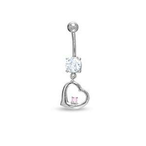 014 Gauge Dangle Heart Belly Button Ring with Pink and White Cubic 