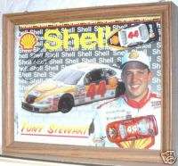   STEWART SIGNED SHELL NASCAR POSTCARD & DIECAST CARS IN DISPLAY CASE