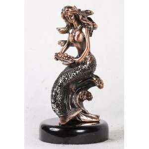  7 inch Copper Mermaid On Wave Holds Box Of Pearls 
