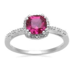   Gold, July Birthstone, Created Ruby and Diamond Cushion Ring, Size 7