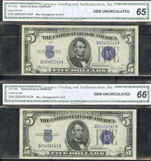 1934C & D $5 SILVER CERTS   CGA GRADED 66 & 65   NICE  