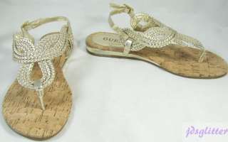 GUESS Gold Estee Rope Logo T Strap Sandals NWT  