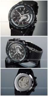New Mechanical Semi Auto/Automatic Skeleton/6 Hand Black/Silver Band 