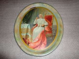 Antique Old Metal Oval Serving Tray of Catholic Pope  