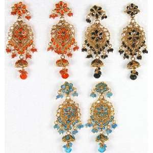 Lot of Three Polki Post Earrings with Colored Glass   Copper Alloy 