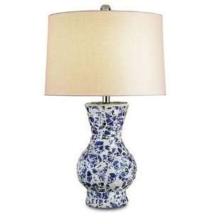     One Light Table Lamp, Blue/White Finish with Off White Linen Shade