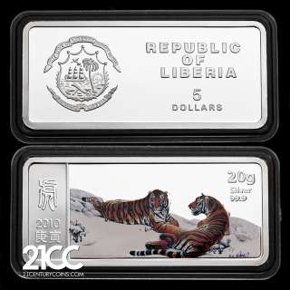 2010 Liberia Year of the Tiger 4×$5 Silver PROOF Coloured Rectangle 
