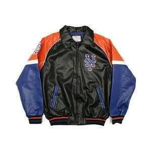  New York Mets Pleather Varsity Jacket   Black/Royal/Orange 