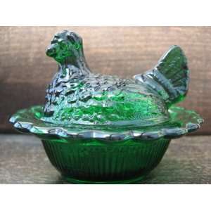   Green Glass Hen on Nest Chick Salt Covered Dish 