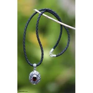  Sterling Silver and Red Garnet Pendant on Leather Necklace 