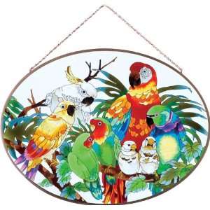  Tropical Aviary Metal Framed Stained Glass Art Panel 23 W 