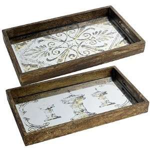  Etched Glass Mirror Serving Tray Set Of 2