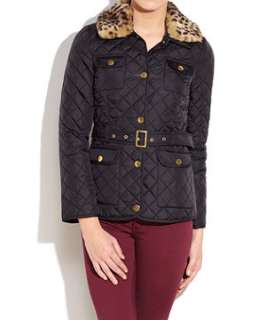 Black (Black) Faux Fur Collar Quilted Jacket  240026101  New Look