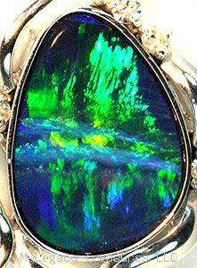   black opal diamonds 14K gold pendant flash blue aqua Australian  